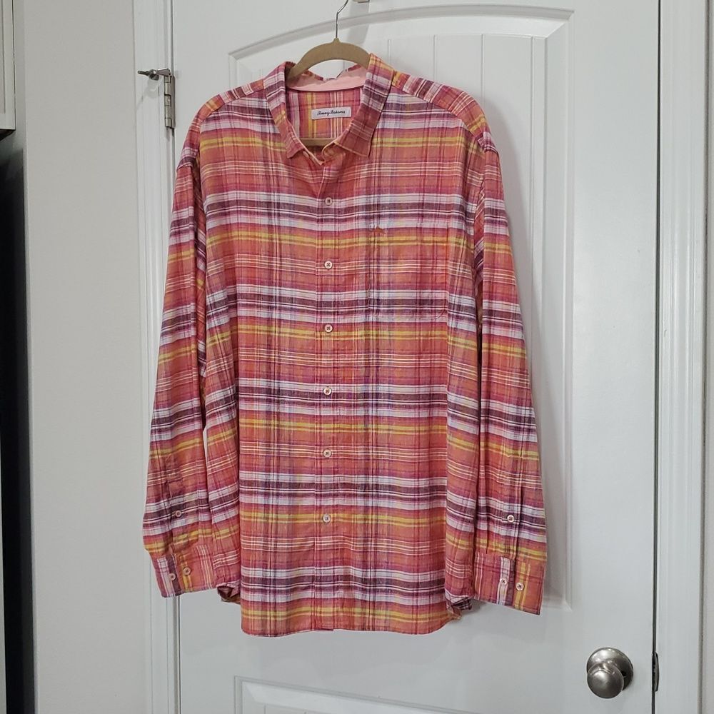 Tommy Bahama Linen Blend Long Sleeve Shirt Button Up Orange Plaid Men's 1XL